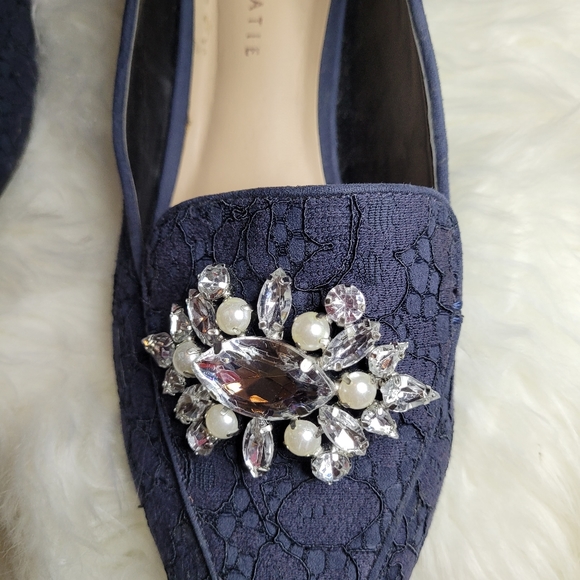 Katie and Kelly Lovelian Flats, Navy Blue, Jeweled Pearl Brooch, Slip on Loafers - Picture 4 of 11